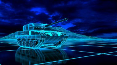 Dijital dünyada bir neon parlayan tank (3D görüntüleme)