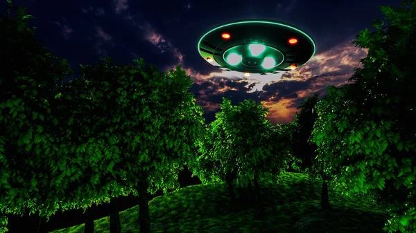 Unidentified Flying Object Hovers Ground Rendering — Stock Photo, Image