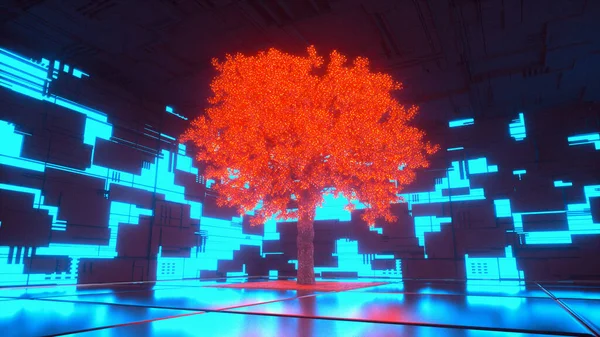 Ett Neonglödande Träd Ett Futuristiskt Rum Rendering — Stockfoto