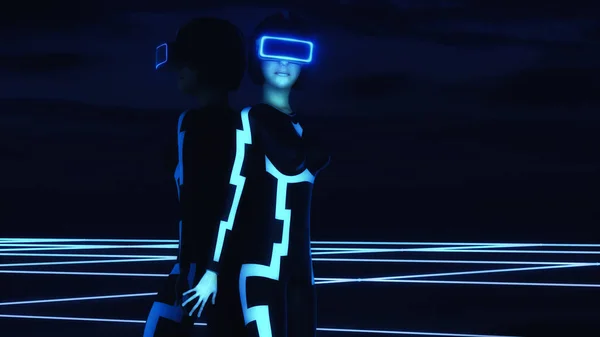 Ung Kvinna Som Använder Virtuell Verklighet Headset Cyberrymden Rendering — Stockfoto