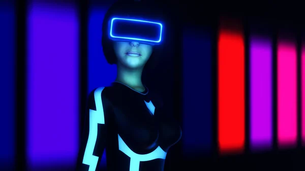 Young Woman Using Virtual Reality Headset Cyberspace Rendering — Stock Photo, Image