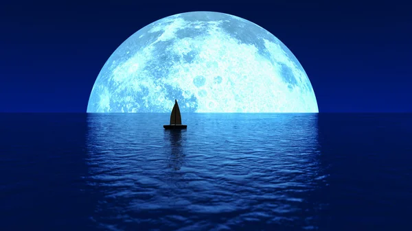 Boat Sails Moon Rendering — Stock Photo, Image