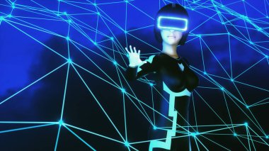 Siber uzayda sanal gerçeklik kulaklığı kullanan genç bir kadın (3D görüntüleme))