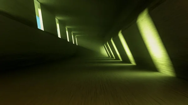 Futuristic Hall Green Glowing Light Rendering Imagens Royalty-Free