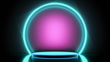 podium and various basic objects neon glowing (3d rendering)