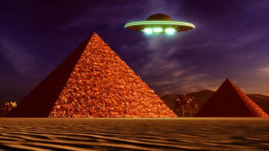 Bir piramidin yanında bir UFO daireleri (3d oluşturma))