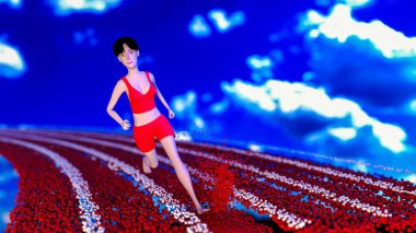 Sportif bir kadın küplerden yapılmış bir pistte koşar (3D görüntüleme))