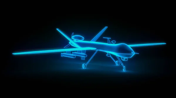 a military drone wireframe glowing blue (3d rendering)