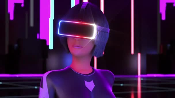 Young Woman Using Virtual Reality Headset Metaverse Rendering — Vídeo de stock
