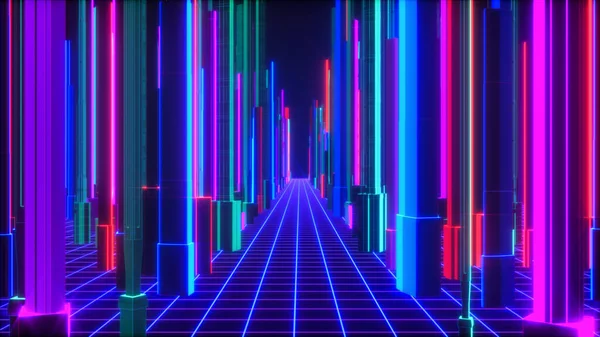 a futuristic background with neon glowing cubes (3d rendering)