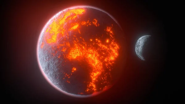 a lava planet is orbited by its moon (3d rendering)