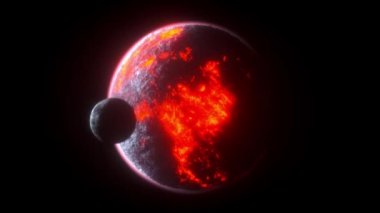 a lava planet is orbited by its moon (3d rendering)