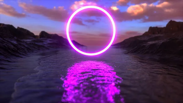 a purple glowing ring in a beautiful landscape (3d rendering)