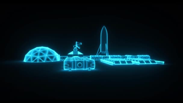 Blue Wireframe Space Station Outpost Rendering — Video