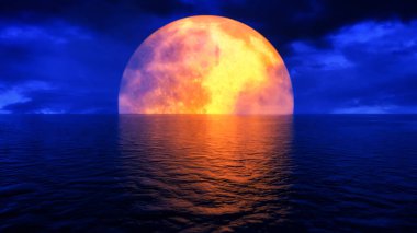 blood red moon over the ocean (3d rendering)