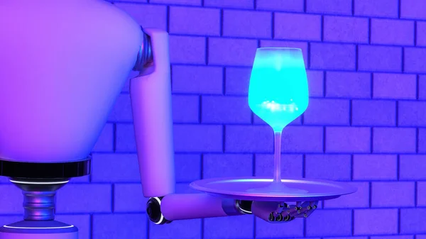 Service Robot Offers Neon Blue Drink Rendering — Fotografia de Stock