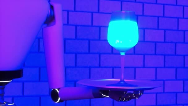Ένα Ρομπότ Υπηρεσία Προσφέρει Ένα Νέον Μπλε Ποτό Απόδοση — Αρχείο Βίντεο
