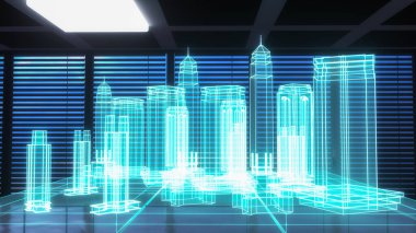 a city skyscraper simulation as a hologram (3d rendering)