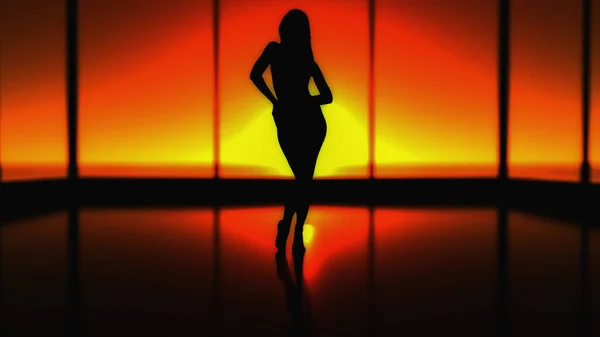 Een Silhouet Van Een Vrouw Bij Zonsondergang Rendering — Stockfoto