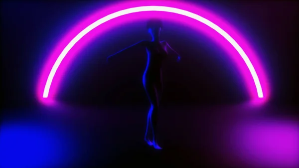 ネオン輝く背景の前で踊る女性ダンサー 3Dレンダリング — ストック写真