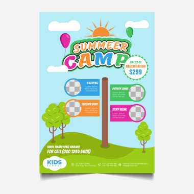 Kids summer camp flyer design template, camping banner, or poster promotional graphic design