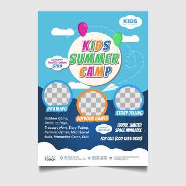 Kids summer camp flyer design template, camping banner, or poster promotional graphic design