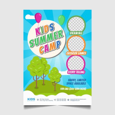 Kids summer camp flyer design template, camping banner, or poster promotional graphic design