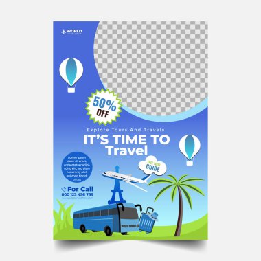 Tours And Travel Design For Flyer, Poster, And Banner Template. Concept For World Tourism Day. Summer Beach Travelling. Tourism Business Marketing Flyer Or Poster With Abstract Digital Background.