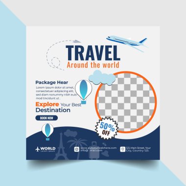Tours And Travels Social Media Post Design Template, Promotion, Tours Advertisement. Travel Social Media Post And Flyer. World Tourism Day Web Banner Template Or Square Flyer.