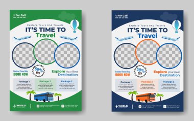 Tours And Travel Design For Flyer, Poster, And Banner Template. Concept For World Tourism Day. Summer Beach Travelling. Tourism Business Marketing Flyer Or Poster With Abstract Digital Background.