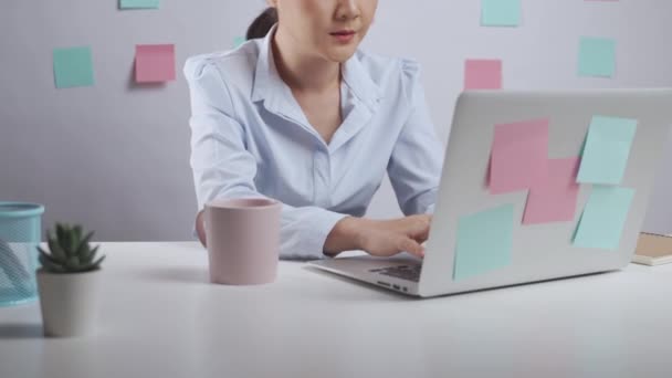 Asian Woman Working Laptop Sick Body Pain Sitting Home Office — Vídeos de Stock