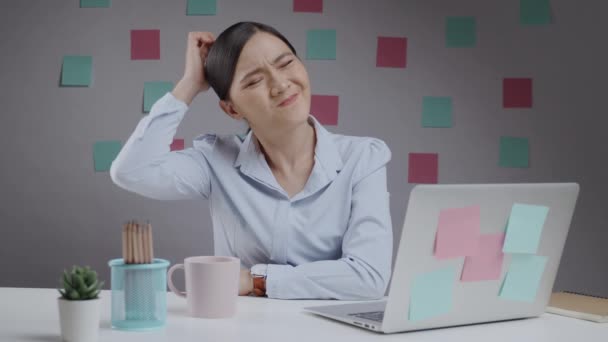 Asian Woman Working Laptop Has Headache Sitting Home Office — Vídeos de Stock