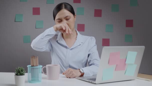 Asian Woman Working Laptop Sitting Home Office Sick Stuffy Nose — Stock Video