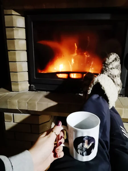 Kışın şöminenin yanında.