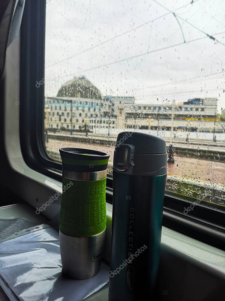 window in the train car at the station