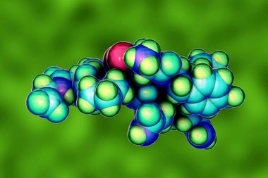 Oksitosin molekülü, nörohipofizden salgılanan bir hormon, 3 boyutlu illüstrasyon. Jinekoloji ve emzirme tedavisinde kullanılan rahim kasılması ve süt atımına neden olur.