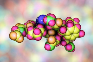 Oksitosin molekülü, nörohipofizden salgılanan bir hormon, 3 boyutlu illüstrasyon. Jinekoloji ve emzirme tedavisinde kullanılan rahim kasılması ve süt atımına neden olur.