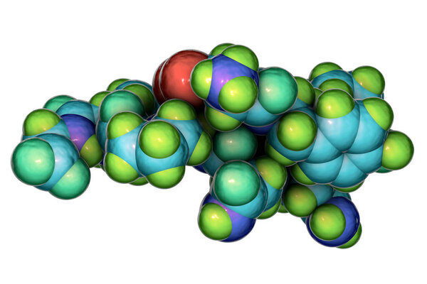 Molecule of oxytocin, a hormone released from the neurohypophysis, 3D illustration. It causes uterine contraction and milk ejection, used in gynecology and lactation treatment