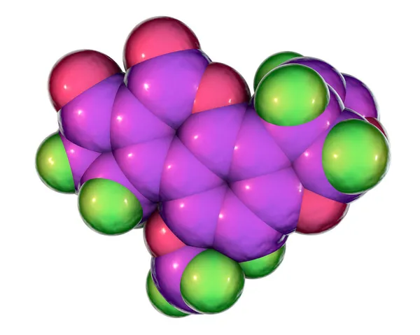 強力な発癌性のある3Dイラストである真菌アスペルギルスによって産生される毒素であるアフラトキシンB1分子 — ストック写真