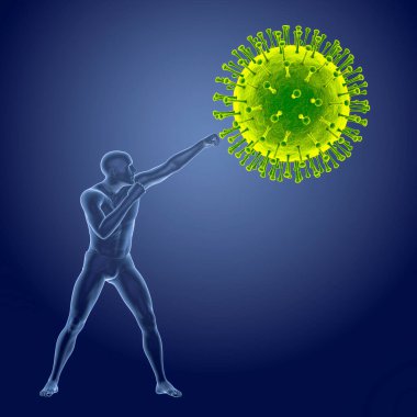 Bir virüsle savaşmak, kavramsal 3 boyutlu illüstrasyon. Covid-19, grip ve diğer virüslerle mücadele, viral hastalıklar.
