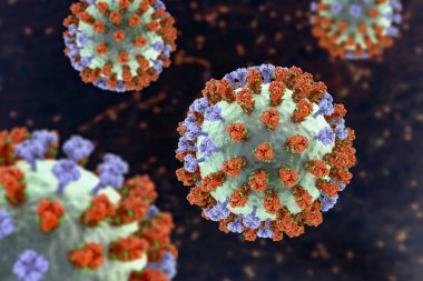 Influenza virus, 3D illustration showing surface glycoprotein spikes hemagglutinin (purple) and neuraminidase (orange). The hemagglutinins have glycans (green) that modulate immune response to the flu clipart