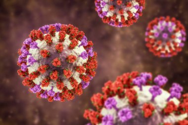 Grip virüsü, yüzey glycoprotein artışlarını gösteren 3 boyutlu illüstrasyon hemagglutinin (mor) ve nöroaminidaz (turuncu). Hemagglutinininlerin gribe karşı bağışıklık sistemini düzenleyen glikanları (yeşil) vardır.