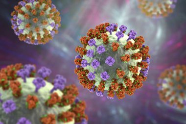Influenza virus, 3D illustration showing surface glycoprotein spikes hemagglutinin (purple) and neuraminidase (orange). The hemagglutinins have glycans (green) that modulate immune response to the flu clipart