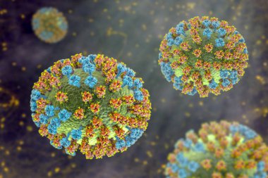 Grip virüsü H3N2, yüzey glikoprotein artışlarını gösteren 3 boyutlu illüstrasyon hemagglutinin ve nöroaminidaz. Hemagglutininler gribe karşı bağışıklık sistemini düzenleyen glikalara (sarı) sahiptir.