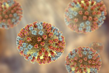Grip virüsü H3N2, yüzey glikoprotein artışlarını gösteren 3 boyutlu illüstrasyon hemagglutinin ve nöroaminidaz. Hemagglutininler gribe karşı bağışıklık sistemini düzenleyen glikalara (sarı) sahiptir.