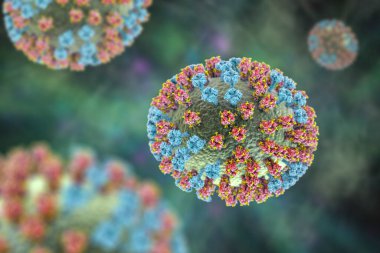Grip virüsü H3N2, yüzey glikoprotein artışlarını gösteren 3 boyutlu illüstrasyon hemagglutinin ve nöroaminidaz. Hemagglutininler gribe karşı bağışıklık sistemini düzenleyen glikalara (sarı) sahiptir.