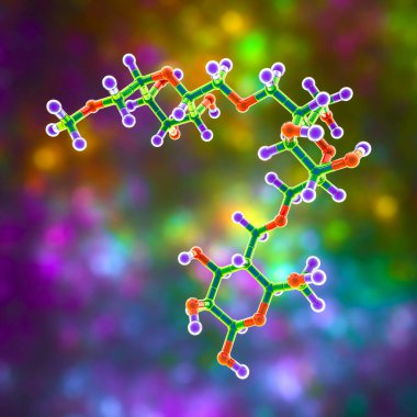 Pullulan molekülü, 3 boyutlu çizim. Ağız temizliği ürünleri üretiminde kullanılan maltotriz birimlerinden oluşan polisakkarit polimer antimikrobik faaliyetleri olan pullulan bazlı nanomateryaller.