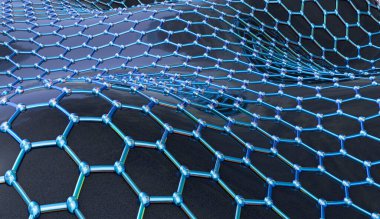 Grafik atomik yapısı, 3 boyutlu illüstrasyon. Grafen, tek katmanlı bal peteği kafes nano yapısında tek katmanlı atomlardan oluşan bir karbon allotrosudur.
