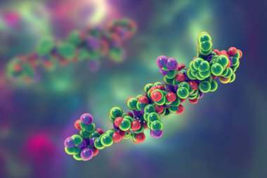 Glukagon molekülü, 3 boyutlu çizim. Glukagon, pankreasın alfa hücreleri tarafından üretilen ve kan dolaşımında glikoz konsantrasyonunu arttıran bir peptit hormonudur.