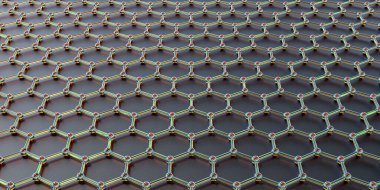 Grafik atomik yapısı, 3 boyutlu illüstrasyon. Grafen, tek katmanlı bal peteği kafes nano yapısında tek katmanlı atomlardan oluşan bir karbon allotrosudur.